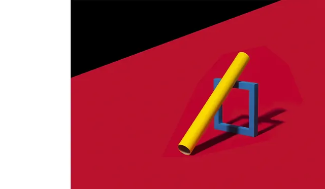 3D geometric composition with cylinder and frame, 3d-render, geometric, vibrant