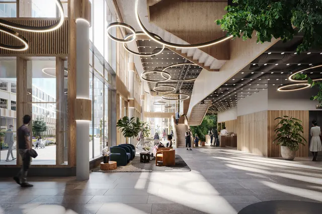Modern lobby interior with natural light, organic, minimal, neutral
