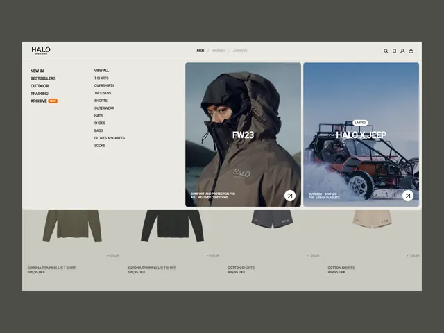 Technical apparel e-commerce grid with lifestyle imagery and muted palette, minimal, corporate-clean, dark