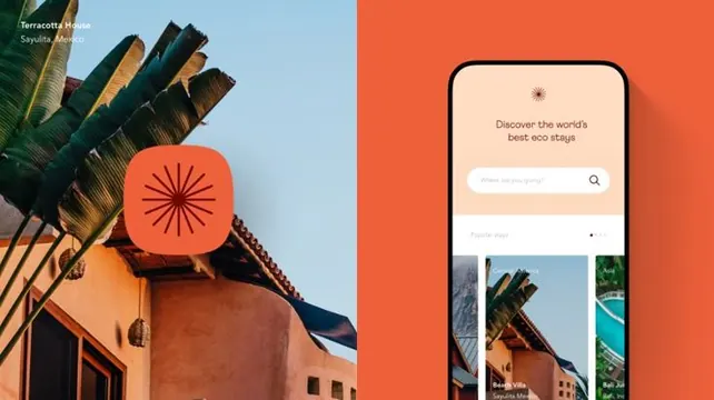 Warm eco-tourism UI and lifestyle photo collage, minimal, organic, light