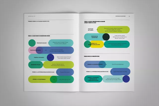 Color-coded achievement blocks editorial layout, minimal, geometric, light