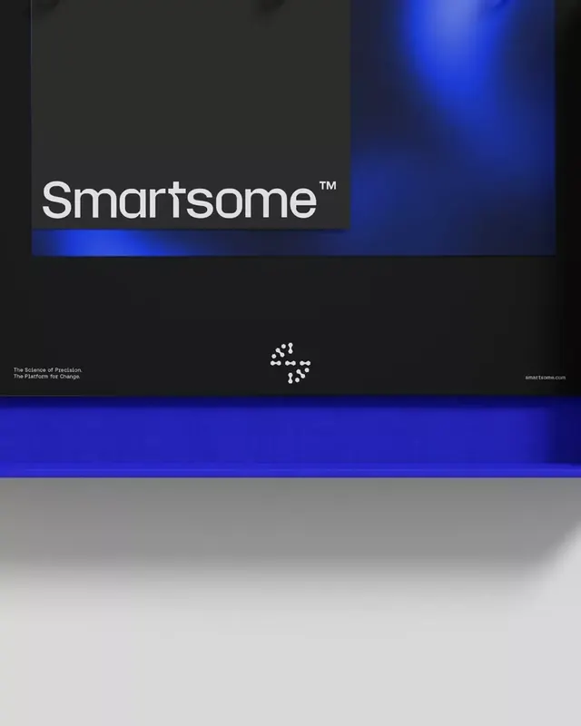 Smartsome wordmark with electric-blue gradient divider, minimal, corporate-clean, dark