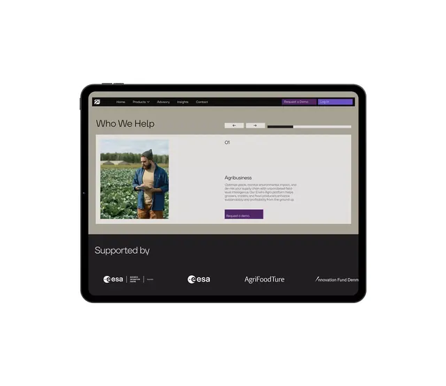 iPad mockup with AgriTech hero and partners, minimal, dark-mode, light