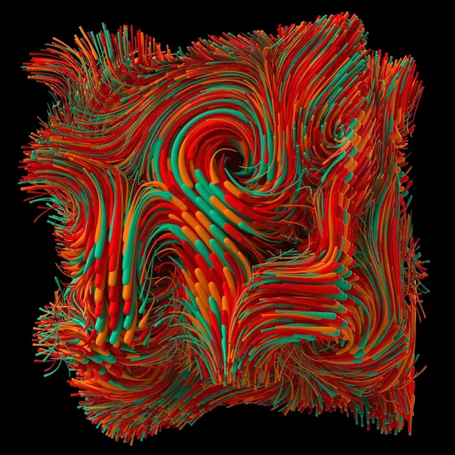 Abstract generative art—swirling red and green lines, abstract, generative, vibrant