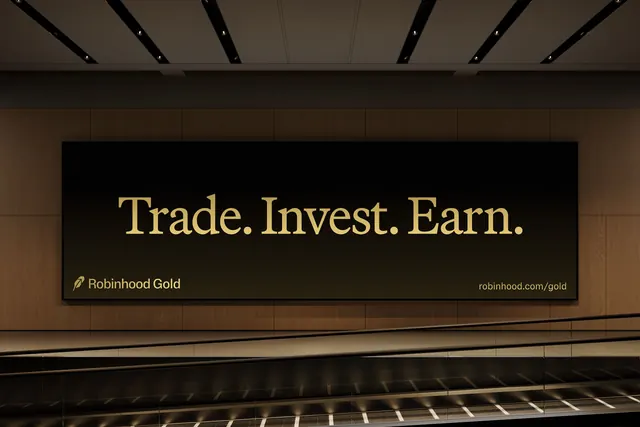 Robinhood Gold billboard in wood-paneled interior, minimal, corporate-clean, dark