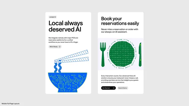 Two-column AI service cards with data and utensil iconography, minimal, corporate-clean, light