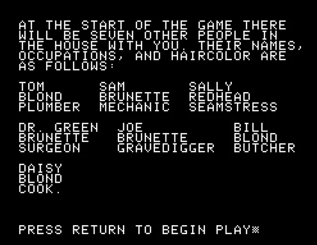 Text adventure game opening screen, minimal, retro, dark