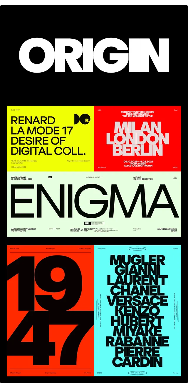 Origin typeface specimen poster, editorial, geometric, vibrant