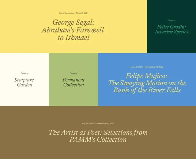Museum exhibition program color-block layout, minimal, editorial, light