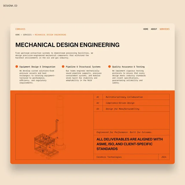 Engineering services feature section with line-drawn equipment, technical, minimal, warm