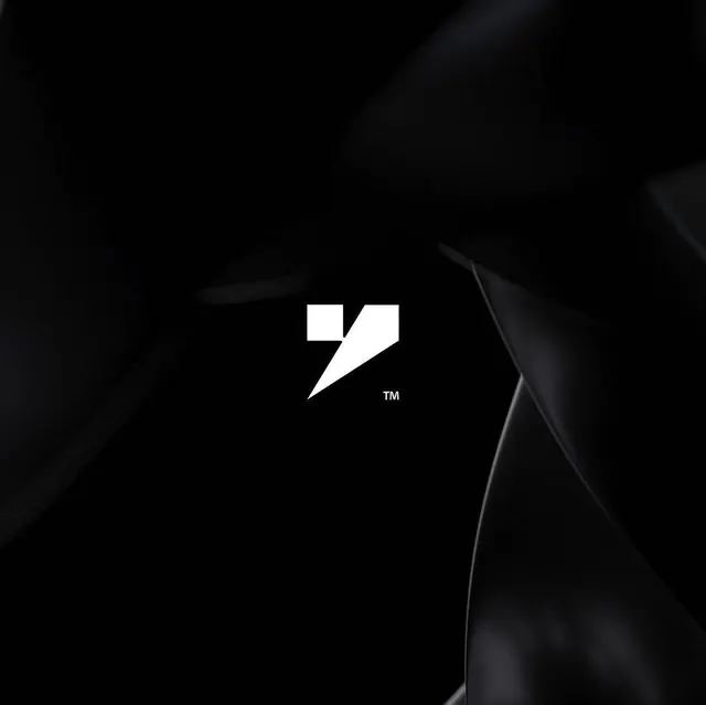 Monochrome geometric logo on dark gradient background, minimal, abstract, dark