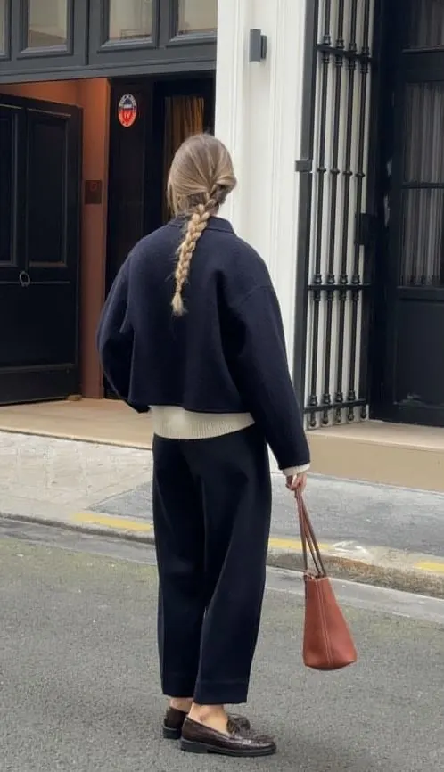 Cropped preppy oversized jacket street style, minimal, photographic, dark