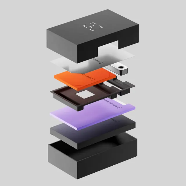 Layered isometric tech product render, 3d-render, geometric, dark