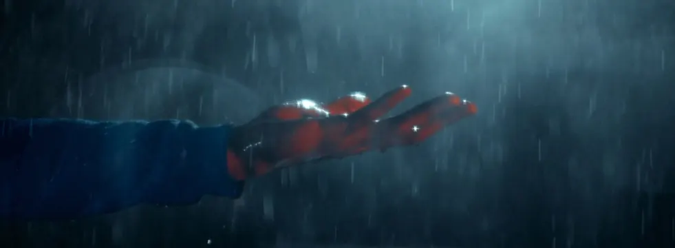 Stylized hand gesture with neon red glow in rain, 3d-render, dark-mode, dark