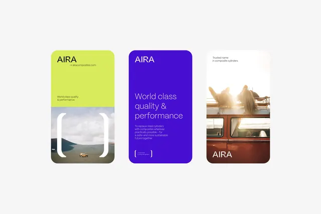 AIRA composite materials brand identity system, minimal, corporate-clean, light