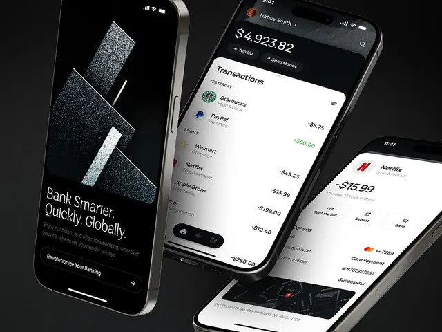 Fintech mobile banking UI showcase, dark-mode, minimal, dark