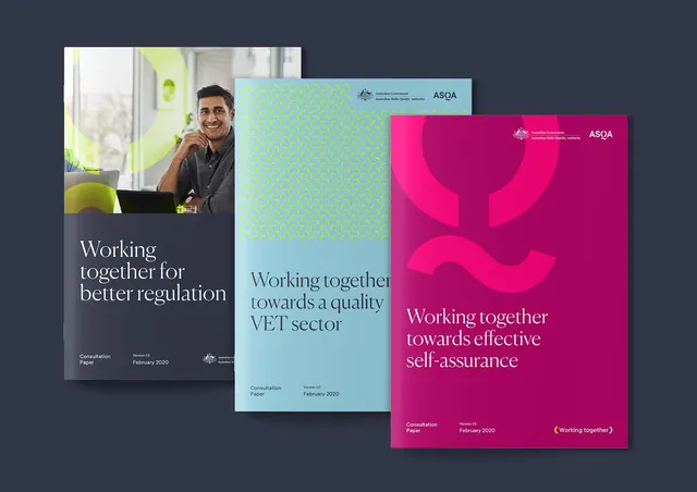 Government consultation paper covers with color-blocked trio, corporate-clean, minimal, dark