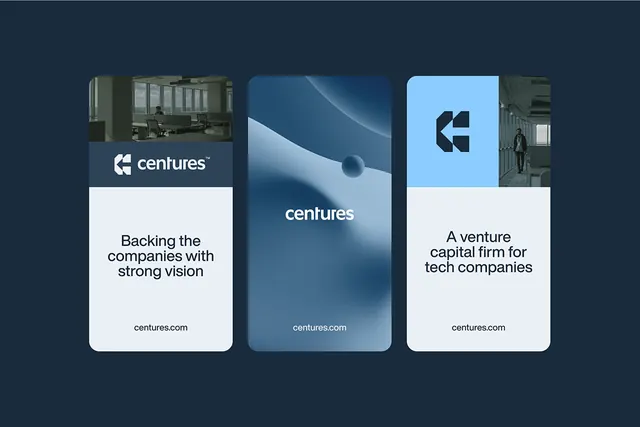 Centuries venture capital card triptych, minimal, corporate-clean, dark