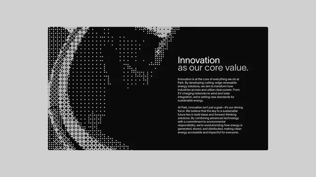Park renewable energy brand innovation statement with pixelated world map, minimal, corporate-clean, dark