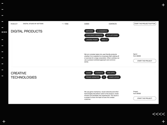 Dark services layout with pill-badge categorization, minimal, dark-mode, dark