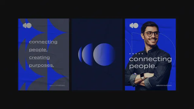 Blue gradient triptych with portrait and abstract circles, minimal, geometric, cool