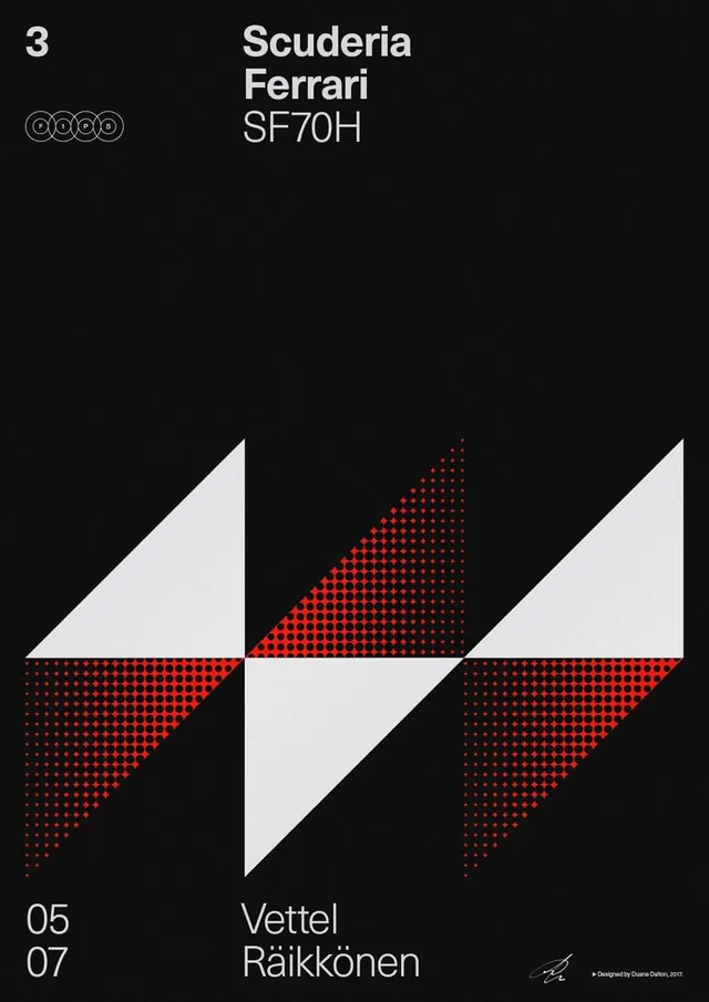 Scuderia Ferrari SF70H racing poster, minimal, geometric, dark