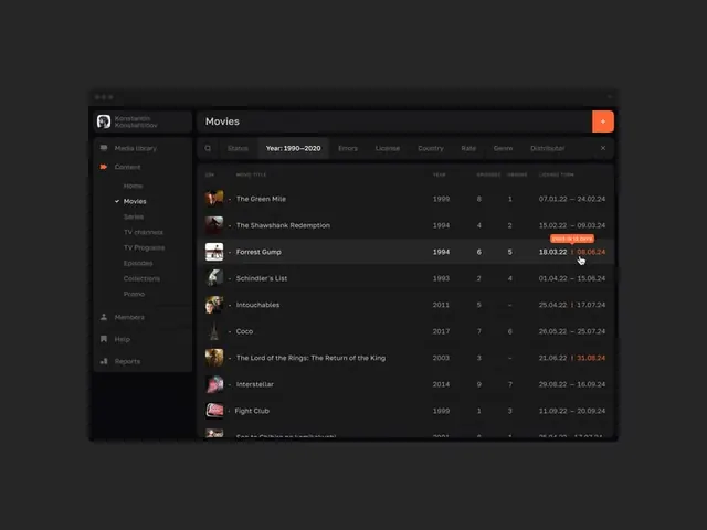 Dark-mode media database interface with movie list, dark-mode, minimal, dark