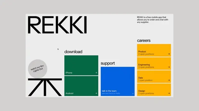 REKKI app feature matrix with download and careers sections, minimal, corporate-clean, light