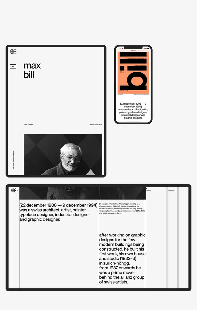Max Bill biography: minimalist CV layout system, minimal, corporate-clean, dark
