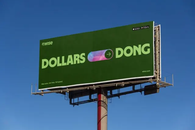 Wise: Dollars Dong gradient billboard, minimal, corporate-clean, light