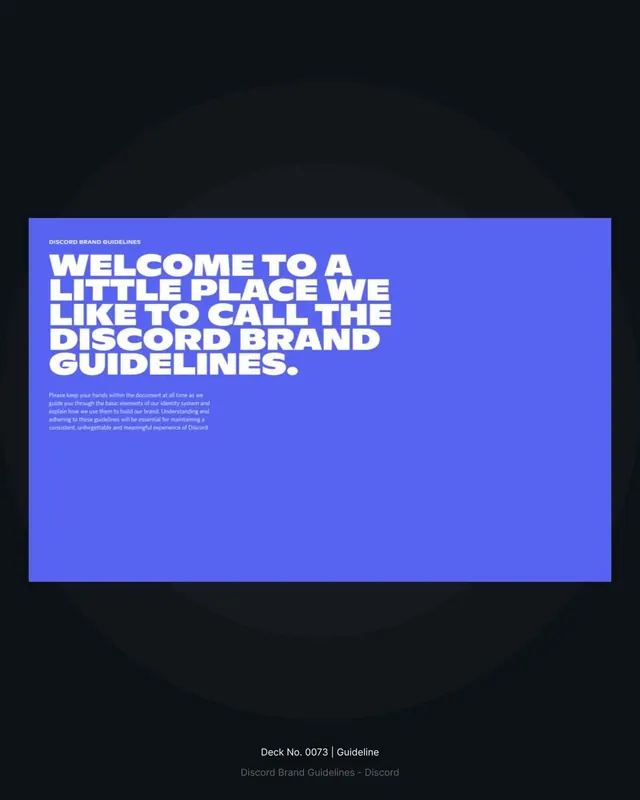 Discord brand guidelines header with indigo accent block, minimal, corporate-clean, dark