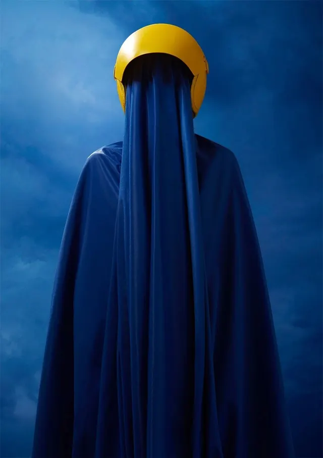 Blue Fabric and Yellow Helmet, minimal, abstract, cool