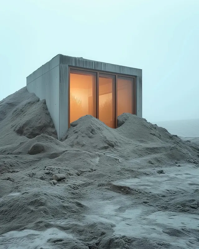 Concrete Structure in Snowy Landscape, minimal, brutalist, high-contrast