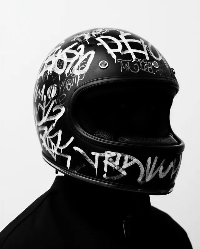 Graffiti-Style Motorcycle Helmet, brutalist, neo-brutalist, monochrome