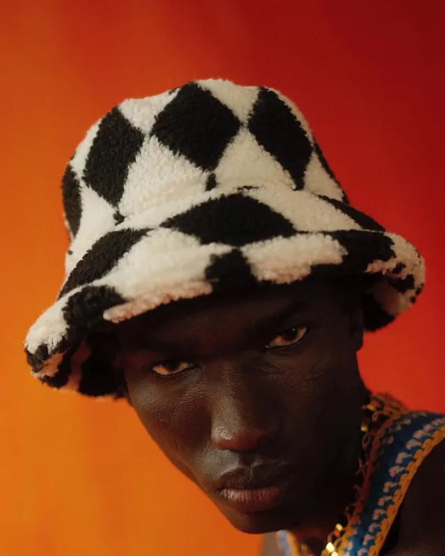 Portrait with Patterned Bucket Hat, minimal, vibrant