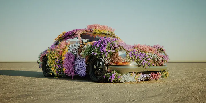 Flower-covered vintage car in desert, organic, photographic, vibrant