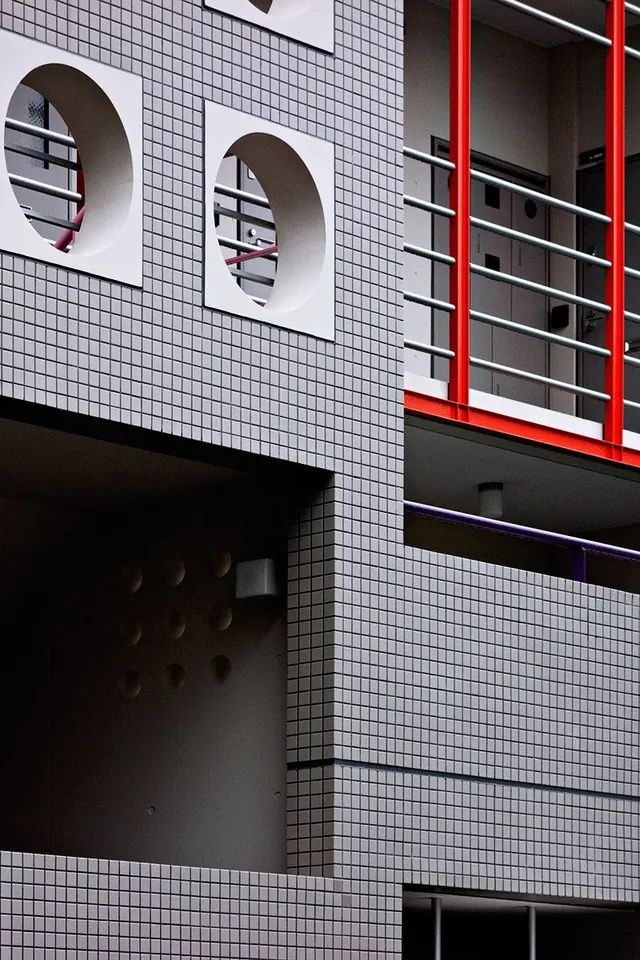 Modernist Architectural Facade, minimal, swiss, high-contrast