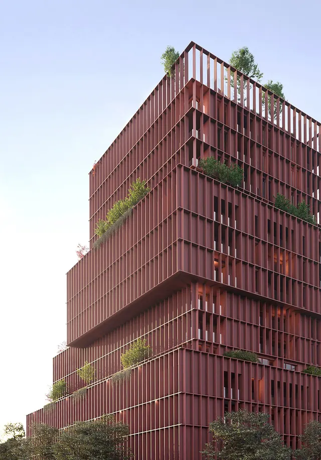 Modern Red Architectural Structure, minimal, geometric, warm