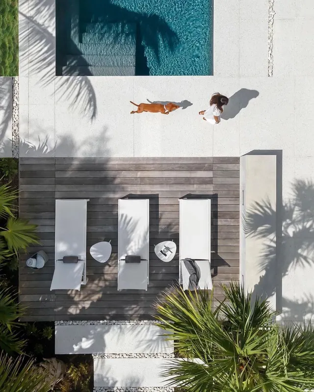 Aerial Poolside Lounge Layout, minimal, luxury, light