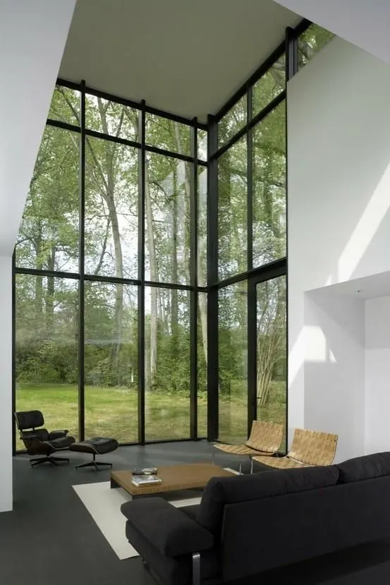 Modern Interior with Floor-to-Ceiling Windows, minimal, luxury, muted