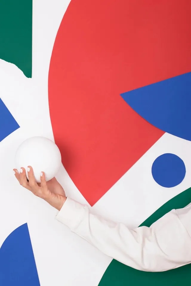 Abstract Geometric Composition with Human Element, maximalist, geometric, high-contrast