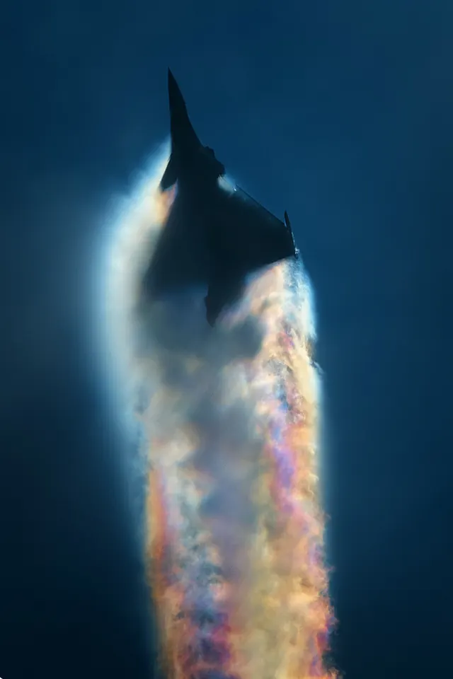 Orca Whale Breach with Iridescent Spray, photographic, abstract, dark