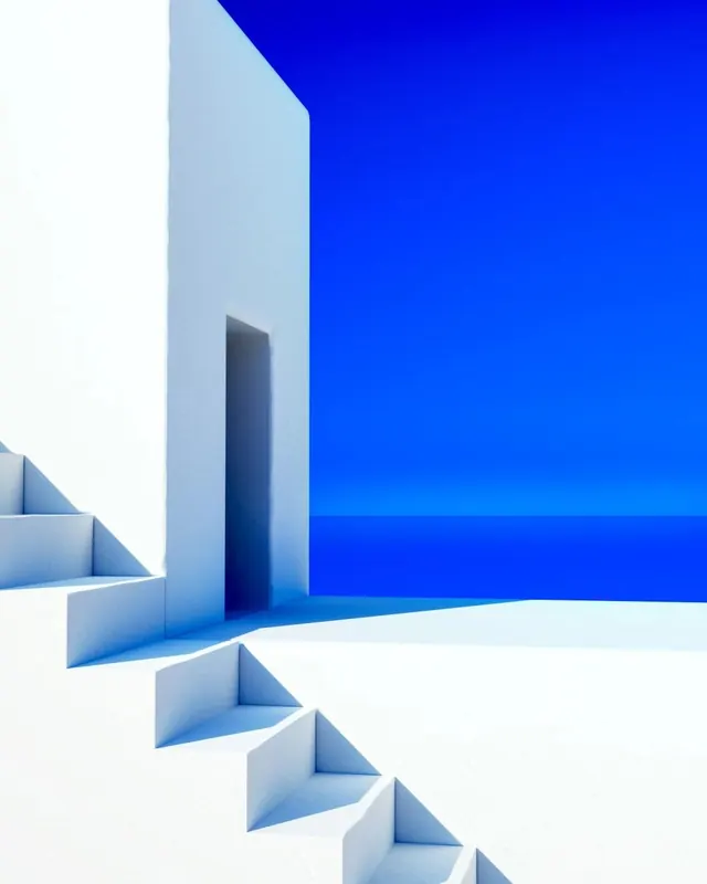 Minimalist Blue and White Architectural Space, minimal, geometric, high-contrast
