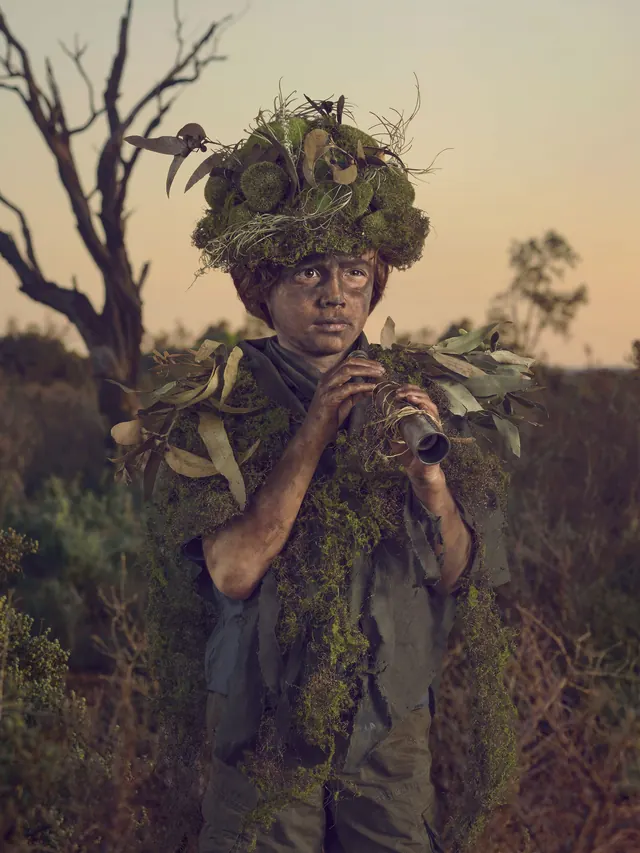 Person with Foliage Headpiece, organic, photographic, earthy