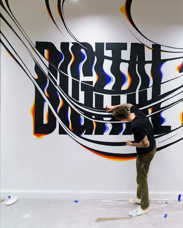 Abstract Graphic Mural with Typography, brutalist, maximalist, high-contrast