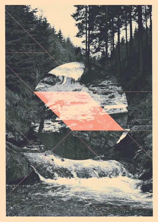 Forest Waterfall Collage, brutalist, abstract, high-contrast