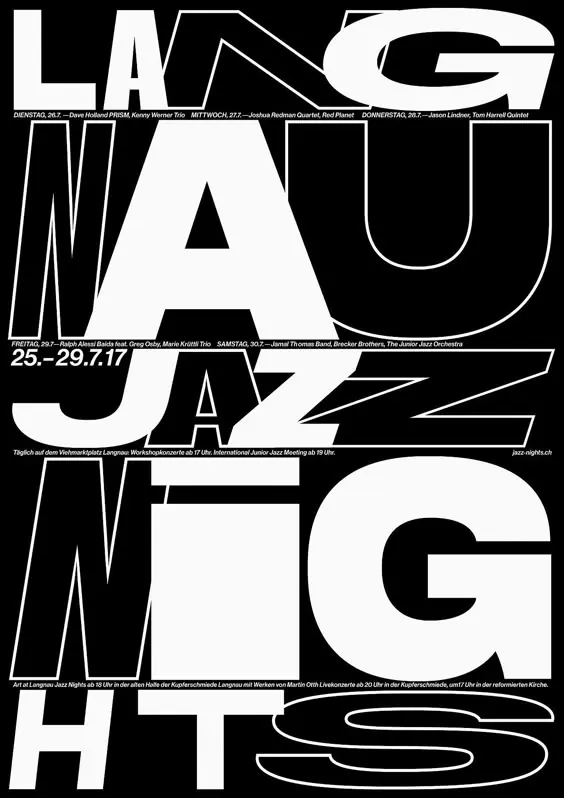 Langua Jazz Nights Typography Poster, brutalist, neo-brutalist, monochrome