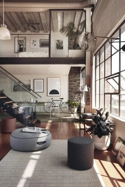 Modern Industrial Loft Interior, luxury, photographic, warm