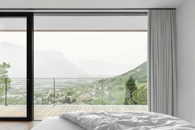 Minimalist Bedroom Interior with Mountain View, minimal, light-mode, light