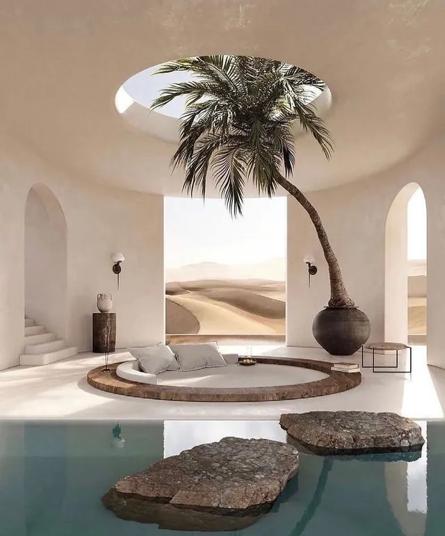 Minimalist Desert Oasis Interior, minimal, luxury, warm